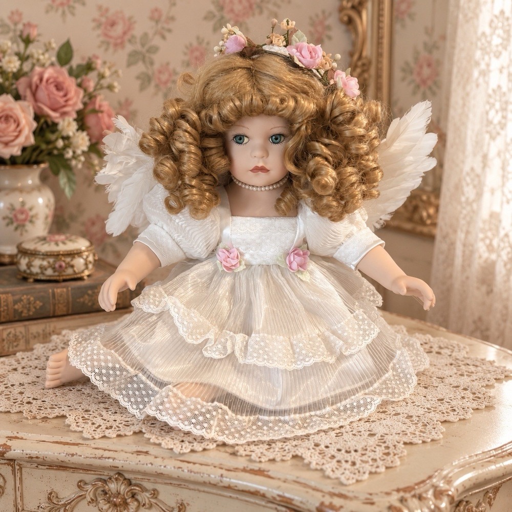 Porcelain Angel Doll White Lace Dress Pink Roses Feather Wings Floral Crown